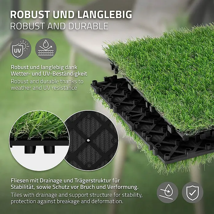 ML-Design Kunstrasen Bodenbelag mit Klicksystem und Drainage - 30 x 30 cm, Grün - Robustes und langlebiges Kunstrasenfliesen-Set mit Drainage und Trägerstruktur für Stabilität und Schutz vor Beschädigungen.