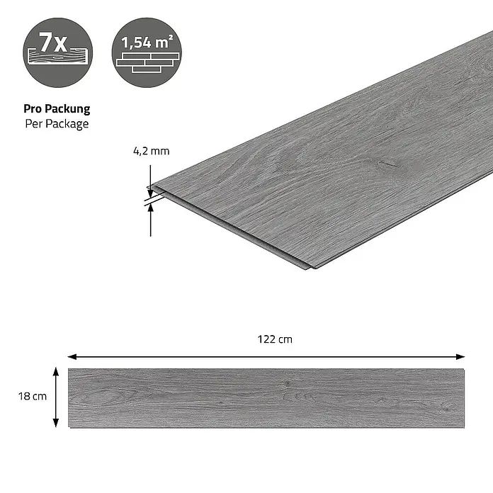ML-Design Vinylboden 3 x Karton Vinylboden mit 21 Stück - Grau, Landhausdiele, 122 cm x 18 cm x 4,2 mm - Bild einer grauen Vinyl-Bodenfliese mit den Maßen 122 cm x 18 cm und einer Dicke von 4,2 mm. Das Paket enthält 7 Fliesen und deckt 1,54 m² ab.