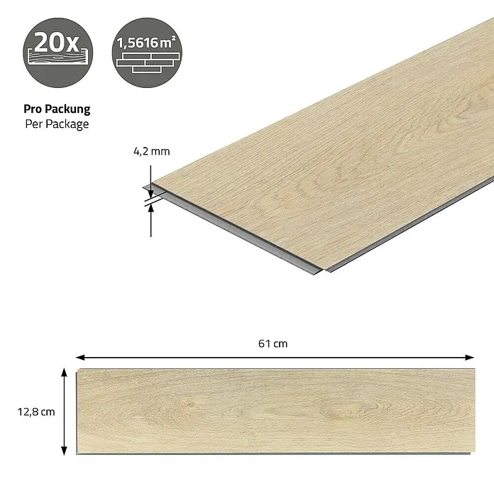 ML-Design Vinylboden 2 x Paket Vinylboden mit 40 Diele = 3,1232 m² - Braun, Landhausdiele, 61 cm x 12,8 cm x 4,2 mm - Abbildung einer hellen Vinylbodenfliese mit den Maßen 61 cm x 12,8 cm und einer Dicke von 4,2 mm. Im Lieferumfang sind 20 Stück (1,5616 m²) enthalten.