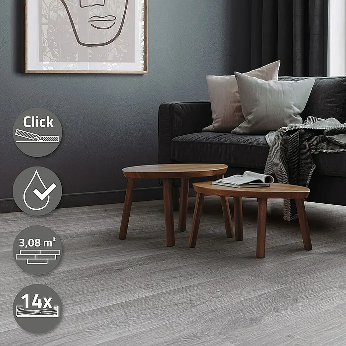 ML-Design Vinylboden 2 x Karton Vinylboden mit 14 Stück - Grau, Landhausdiele, 122 cm x 18 cm x 4,2 mm - Grauer Klick-Vinylboden mit Holzoptik, wasserfest und einfach zu verlegen. Die Oberfläche beträgt 3,08 m² und es sind 14 Dielen enthalten.