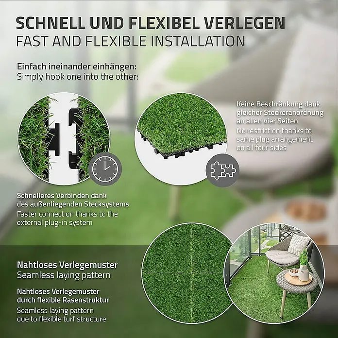 ML-Design Kunstrasen Bodenbelag mit Klicksystem und Drainage - 30 x 30 cm, Grün - Bild von Kunstrasenfliesen mit einfachem, schnellem und flexiblem Verlegesystem für den Garten oder die Terrasse.