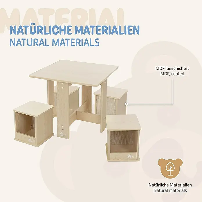 ECD Germany Kindertisch 5 tlg Schreibtisch Maltisch für Kinderzimmer & Spielzimmer - L x B x H: 58 x 58 x 50 cm, Verbundwerkstoff, Braun - Kinderzimmermöbel-Set aus MDF, bestehend aus einem Tisch und vier Hockern in hellem Holzton für ein natürliches Ambiente.