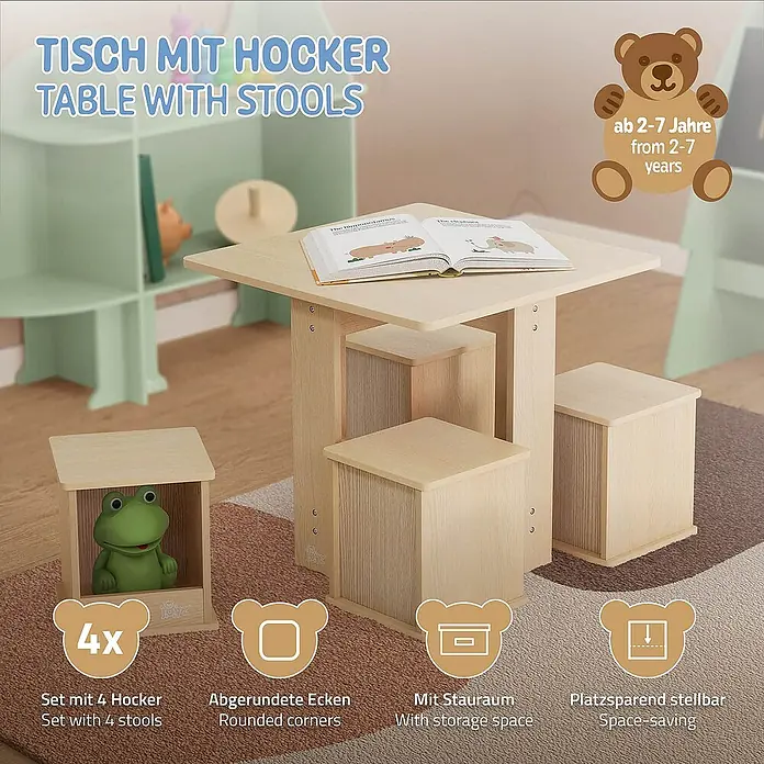 ECD Germany Kindertisch 5 tlg Schreibtisch Maltisch für Kinderzimmer & Spielzimmer - L x B x H: 58 x 58 x 50 cm, Verbundwerkstoff, Braun - Bild von einem Kindertisch mit vier Hockern, die Stauraum bieten und platzsparend unter den Tisch geschoben werden können.