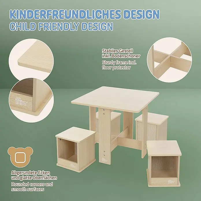 ECD Germany Kindertisch 5 tlg Schreibtisch Maltisch für Kinderzimmer & Spielzimmer - L x B x H: 58 x 58 x 50 cm, Verbundwerkstoff, Braun - Kindertisch mit vier Hockern. Das Set hat abgerundete Ecken und ist aus hellem Holz gefertigt, wodurch es kinderfreundlich wirkt.