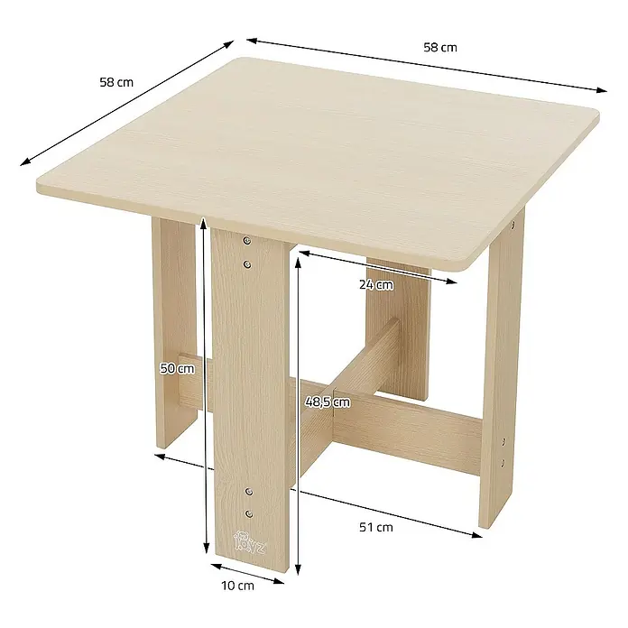 ECD Germany Kindertisch 5 tlg Schreibtisch Maltisch für Kinderzimmer & Spielzimmer - L x B x H: 58 x 58 x 50 cm, Verbundwerkstoff, Braun - Nahaufnahme eines quadratischen Kindertisches aus hellem Holz mit Größenangaben.