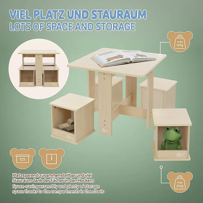 ECD Germany Kindertisch 5 tlg Schreibtisch Maltisch für Kinderzimmer & Spielzimmer - L x B x H: 58 x 58 x 50 cm, Verbundwerkstoff, Braun - Ein Kindertisch mit Stühlen, die zusätzlichen Stauraum bieten. Das Set ist platzsparend und ideal für Kinderzimmer.