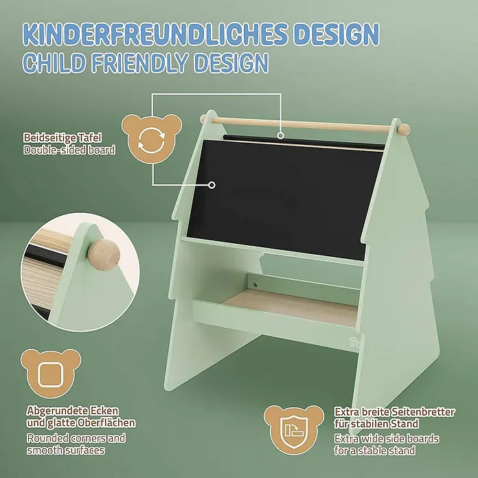 ECD Germany Kreidetafel Tanne Kindertafel mit Ablage & Papierrolle MDF / Kiefer - B x L: 60 x 68 cm - Doppelseitige Kindertafel mit abgerundeten Ecken, extra breiten Seitenteilen und kinderfreundlichem Design.