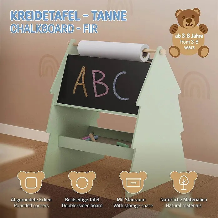 ECD Germany Kreidetafel Tanne Kindertafel mit Ablage & Papierrolle MDF / Kiefer - B x L: 60 x 68 cm - Ein hellgrünes Kinder-Kreidebrett in Tannenform mit Papierrolle, Ablage und Bären-Logos.