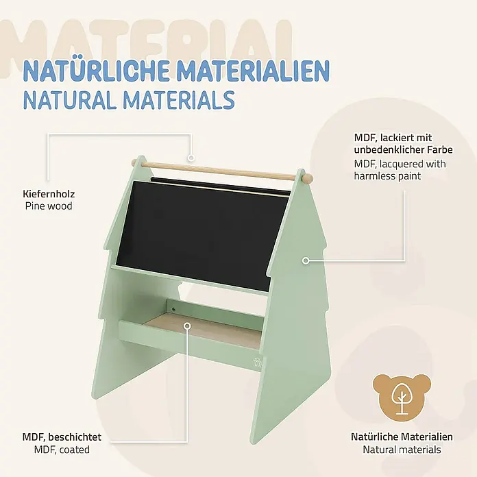 ECD Germany Kreidetafel Tanne Kindertafel mit Ablage & Papierrolle MDF / Kiefer - B x L: 60 x 68 cm - Eine Kinderstaffelei aus Kiefernholz und MDF mit unbedenklicher Farbe und Beschichtung.