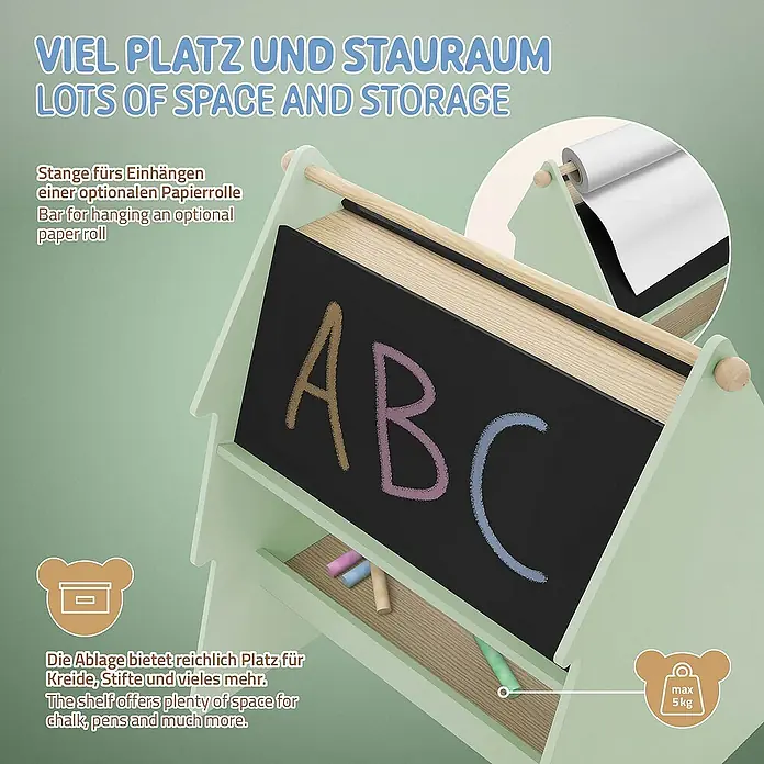 ECD Germany Kreidetafel Tanne Kindertafel mit Ablage & Papierrolle MDF / Kiefer - B x L: 60 x 68 cm - Eine Kindertafel mit viel Platz und Stauraum, mit den Buchstaben ABC in verschiedenen Farben geschrieben.
