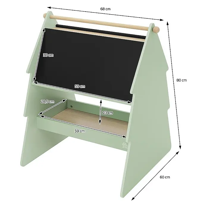 ECD Germany Kreidetafel Tanne Kindertafel mit Ablage & Papierrolle MDF / Kiefer - B x L: 60 x 68 cm - Nahaufnahme einer Kindertafel mit den Maßen 80 cm Höhe, 68 cm Breite und 60 cm Tiefe. Zusätzlicher Stauraum durch Regalböden.
