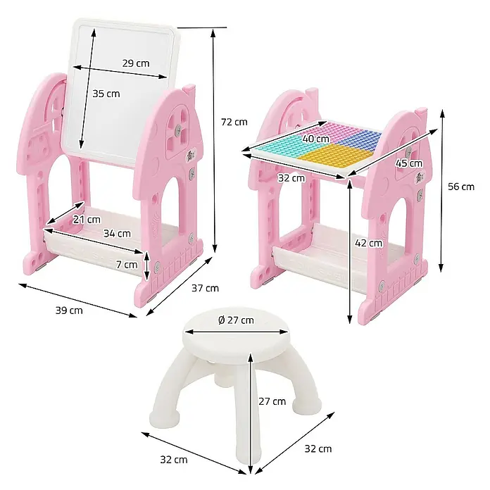 ECD Germany Kindertisch Bausteinplattentisch / Magnetische Whiteboard, Sitzhocker - L x B x H: 39 x 37,5 x 71 cm, Kunststoff, Rosa, Weiß - Ansicht des Kindertisches mit Stuhl, mit seinen Abmessungen, die seine Funktionen hervorheben.