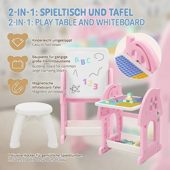 ECD Germany Kindertisch Bausteinplattentisch / Magnetische Whiteboard, Sitzhocker - L x B x H: 39 x 37,5 x 71 cm, Kunststoff, Rosa, Weiß - Multifunktionaler Spieltisch mit Whiteboard und Hocker für Kinder, ideal zum Spielen und Malen.