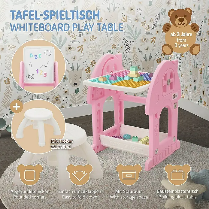 ECD Germany Kindertisch Bausteinplattentisch / Magnetische Whiteboard, Sitzhocker - L x B x H: 39 x 37,5 x 71 cm, Kunststoff, Rosa, Weiß - Ein multifunktionaler Kinderspieltisch mit Tafel, Hocker und Stauraum. Ideal für kreatives Spielen und Lernen ab 3 Jahren.