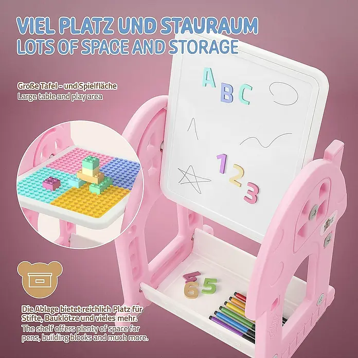ECD Germany Kindertisch Bausteinplattentisch / Magnetische Whiteboard, Sitzhocker - L x B x H: 39 x 37,5 x 71 cm, Kunststoff, Rosa, Weiß - Viel Platz zum Spielen und Aufbewahren: Der Maltisch für Kinder bietet eine Tafel, eine Tischfläche und eine Ablage für Stifte.