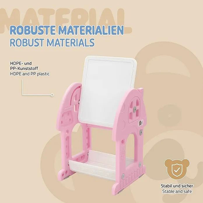 ECD Germany Kindertisch Bausteinplattentisch / Magnetische Whiteboard, Sitzhocker - L x B x H: 39 x 37,5 x 71 cm, Kunststoff, Rosa, Weiß - Rosa Kindertafel mit Ablage, robusten Materialien, stabil und sicher für kreativen Spaß.