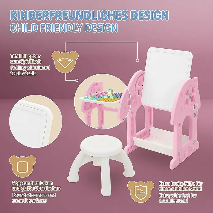 ECD Germany Kindertisch Bausteinplattentisch / Magnetische Whiteboard, Sitzhocker - L x B x H: 39 x 37,5 x 71 cm, Kunststoff, Rosa, Weiß - Kindgerechtes Design: Klappbare Tafel zum Spieltisch, abgerundete Ecken und breite Füße für Stabilität.
