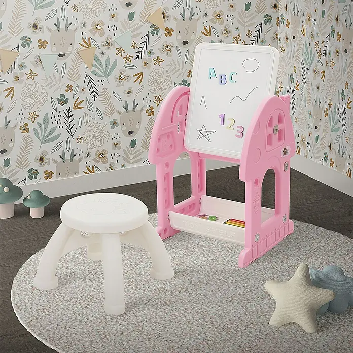 ECD Germany Kindertisch Bausteinplattentisch / Magnetische Whiteboard, Sitzhocker - L x B x H: 39 x 37,5 x 71 cm, Kunststoff, Rosa, Weiß - Kindereinstellbare Staffelei mit Hocker. Diese Staffelei in Rosa ist ideal für die Entwicklung der Kreativität von Kindern.