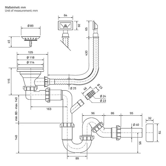 ML-Design Einbauspüle - 55 x 45 cm, Stahl - Technische Zeichnung eines Spülbeckenablaufsystems mit Maßangaben in Millimetern zur Illustration der Produktabmessungen.