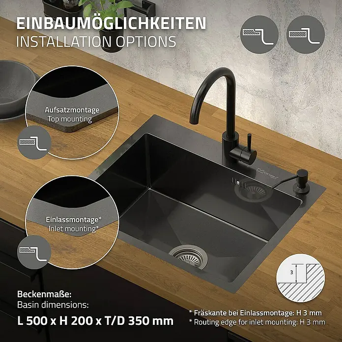ML-Design Einbauspüle - 55 x 45 cm, Stahl - Installationsoptionen für ein schwarzes Einzelbecken mit den Beckenmaßen: L 500 x H 200 x T/T 350 mm, mit Armatur und Seifenspender.