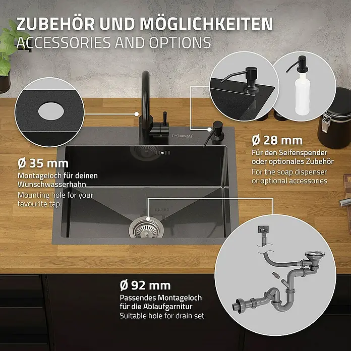 ML-Design Einbauspüle - 55 x 45 cm, Stahl - Küchenspüle mit Zubehör- und Ausstattungsoptionen, inklusive Montagelöchern für Wasserhahn, Seifenspender und Ablaufgarnitur.