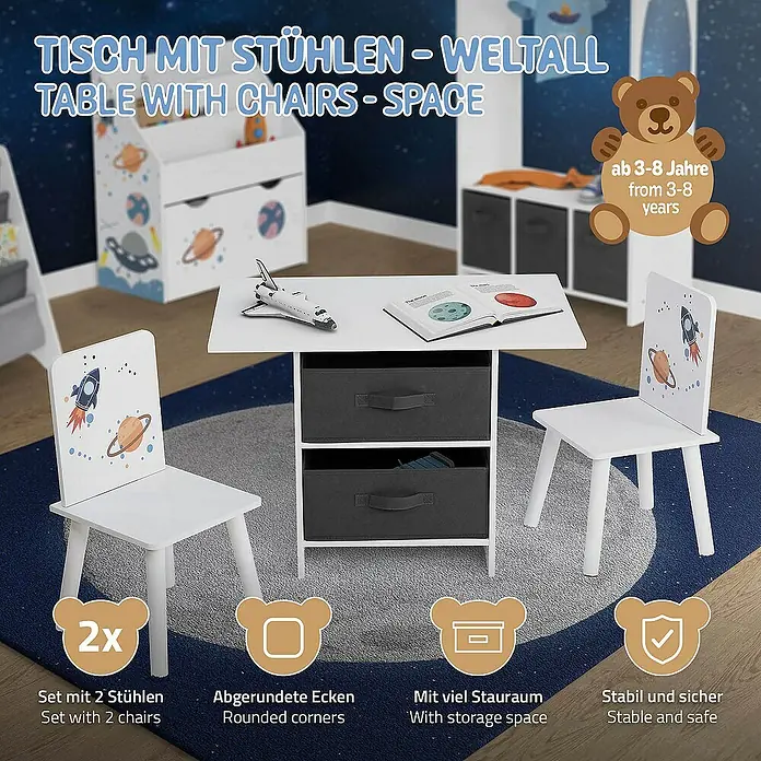 ECD Germany Kindertisch Weltraum Kindersitzgruppe 3tlg. 1x Tisch & 2x Stühle Pressspan / Vlies - L x B x H: 71 x 48 x 54 cm, Verbundwerkstoff, Weiß, Dunkelgrau - Kinderzimmerset mit Tisch, zwei Stühlen im Weltraumdesign und Stauraum für Kinder von 3-8 Jahren.