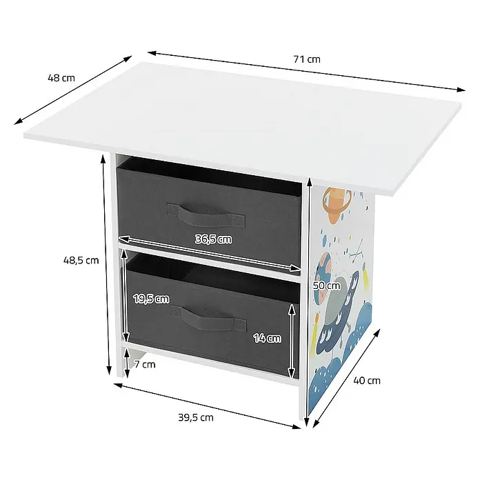 ECD Germany Kindertisch Weltraum Kindersitzgruppe 3tlg. 1x Tisch & 2x Stühle Pressspan / Vlies - L x B x H: 71 x 48 x 54 cm, Verbundwerkstoff, Weiß, Dunkelgrau - Abbildung eines Kindertisches mit zwei Stoffschubladen und Abmessungen für den Verkauf.