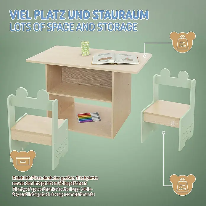 ECD Germany Kindertisch Krokodil Kindersitzgruppe 3tlg. 1x Tisch & 2x Stühle MDF - Verbundwerkstoff, Grün, Beige - Ein Kindertisch mit zwei Stühlen, viel Stauraum und freundlichem Design. Ideal für Spielzimmer.