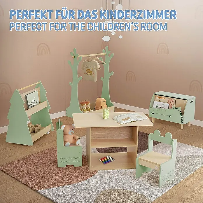 ECD Germany Kindertisch Krokodil Kindersitzgruppe 3tlg. 1x Tisch & 2x Stühle MDF - Verbundwerkstoff, Grün, Beige - Kinderzimmer-Set mit Tisch, Stühlen, Bücherregal und Garderobe. Perfekt für kleine Räume und zum Spielen.