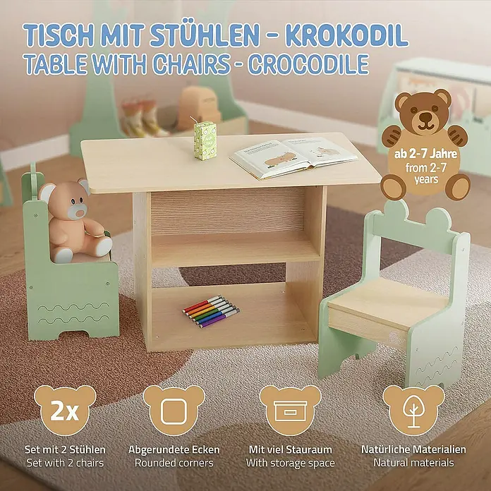 ECD Germany Kindertisch Krokodil Kindersitzgruppe 3tlg. 1x Tisch & 2x Stühle MDF - Verbundwerkstoff, Grün, Beige - Das Bild zeigt ein Kindertisch- und Stuhlset „Krokodil“ aus Holz mit zwei Stühlen und Stauraum, ideal für Kinder im Alter von 2–7 Jahren.