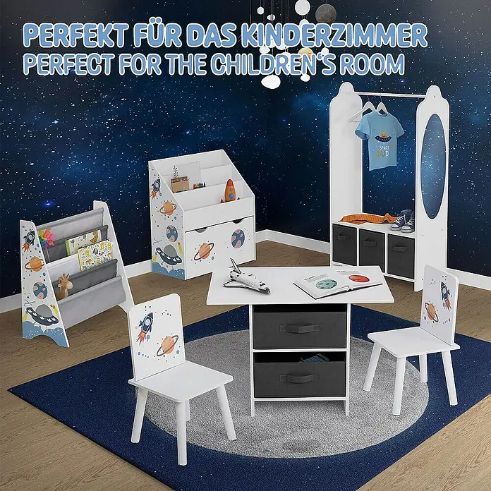 ECD Germany Kindertisch Weltraum Kindersitzgruppe 3tlg. 1x Tisch & 2x Stühle Pressspan / Vlies - L x B x H: 71 x 48 x 54 cm, Verbundwerkstoff, Weiß, Dunkelgrau - Kinderzimmer-Set mit Weltraum-Motiven: Regal, Tisch mit Stühlen und Kleiderständer für eine fantasievolle Einrichtung.