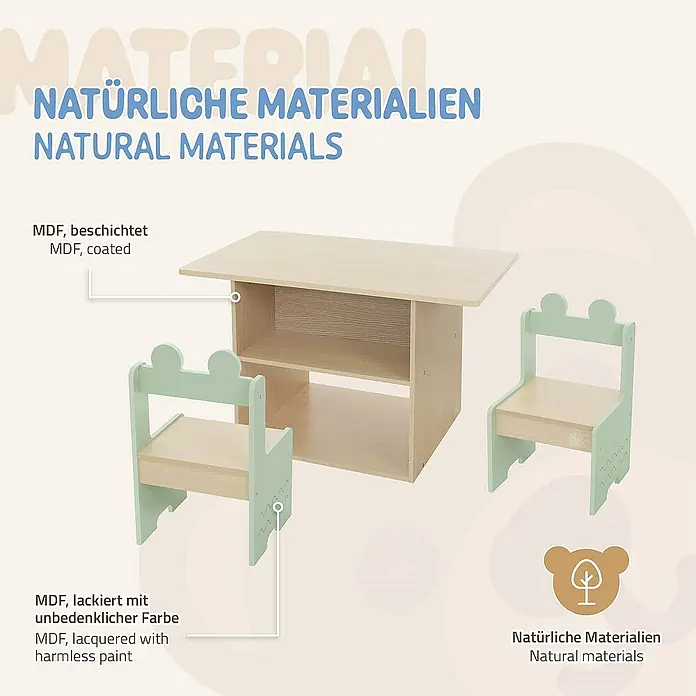 ECD Germany Kindertisch Krokodil Kindersitzgruppe 3tlg. 1x Tisch & 2x Stühle MDF - Verbundwerkstoff, Grün, Beige - Kinderzimmermöbel-Set aus MDF mit Tisch und Stühlen aus natürlichen Materialien.
