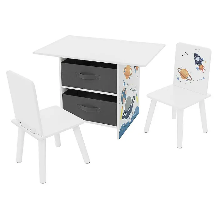 ECD Germany Kindertisch Weltraum Kindersitzgruppe 3tlg. 1x Tisch & 2x Stühle Pressspan / Vlies - L x B x H: 71 x 48 x 54 cm, Verbundwerkstoff, Weiß, Dunkelgrau - Kindersitzgruppe mit Tisch und zwei Stühlen. Das Set ist mit Weltraummotiven bedruckt und hat zwei Schubladen zur Aufbewahrung.