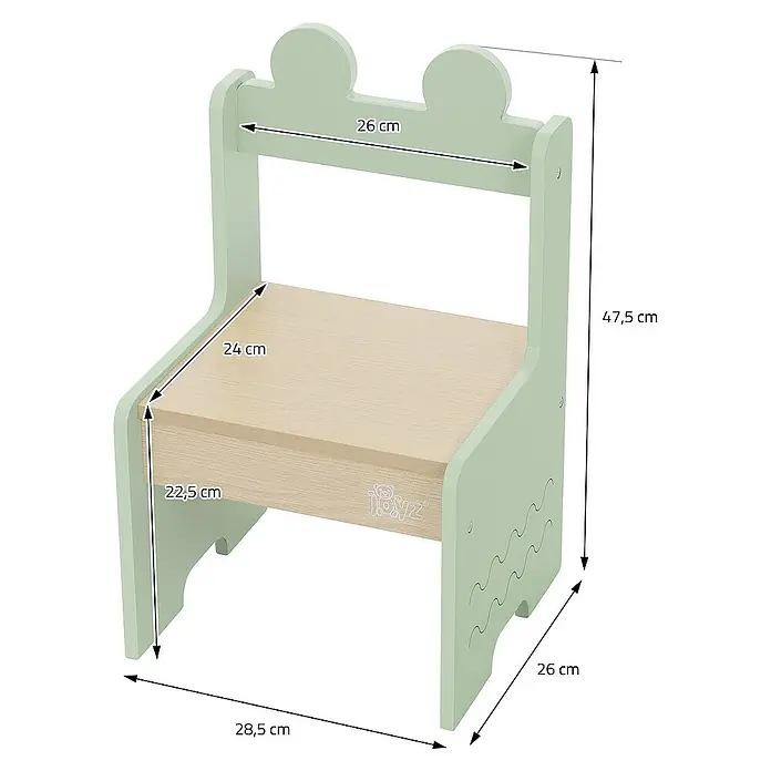 ECD Germany Kindertisch Krokodil Kindersitzgruppe 3tlg. 1x Tisch & 2x Stühle MDF - Verbundwerkstoff, Grün, Beige - Abbildung eines mintgrünen Kinderstuhls aus Holz mit den Maßen 47,5x28,5x26 cm und einer Sitzfläche von 24x26 cm.