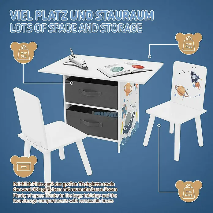 ECD Germany Kindertisch Weltraum Kindersitzgruppe 3tlg. 1x Tisch & 2x Stühle Pressspan / Vlies - L x B x H: 71 x 48 x 54 cm, Verbundwerkstoff, Weiß, Dunkelgrau - Kinderzimmerset mit Tisch, zwei Stühlen und Aufbewahrungsboxen für Spielzeug, Bücher oder Bastelmaterialien.