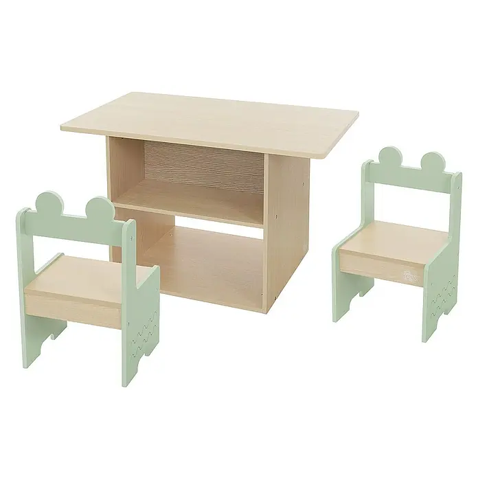 ECD Germany Kindertisch Krokodil Kindersitzgruppe 3tlg. 1x Tisch & 2x Stühle MDF - Verbundwerkstoff, Grün, Beige - Kinderzimmermöbel-Set bestehend aus einem Tisch mit Regalfächern und zwei Stühlen in hellen Holz- und Grüntönen für ein stilvolles Ambiente.