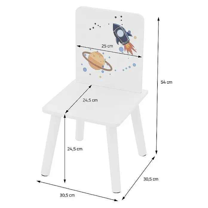 ECD Germany Kindertisch Weltraum Kindersitzgruppe 3tlg. 1x Tisch & 2x Stühle Pressspan / Vlies - L x B x H: 71 x 48 x 54 cm, Verbundwerkstoff, Weiß, Dunkelgrau - Weißer Kinderstuhl mit Weltraummotiven und Maßangaben.