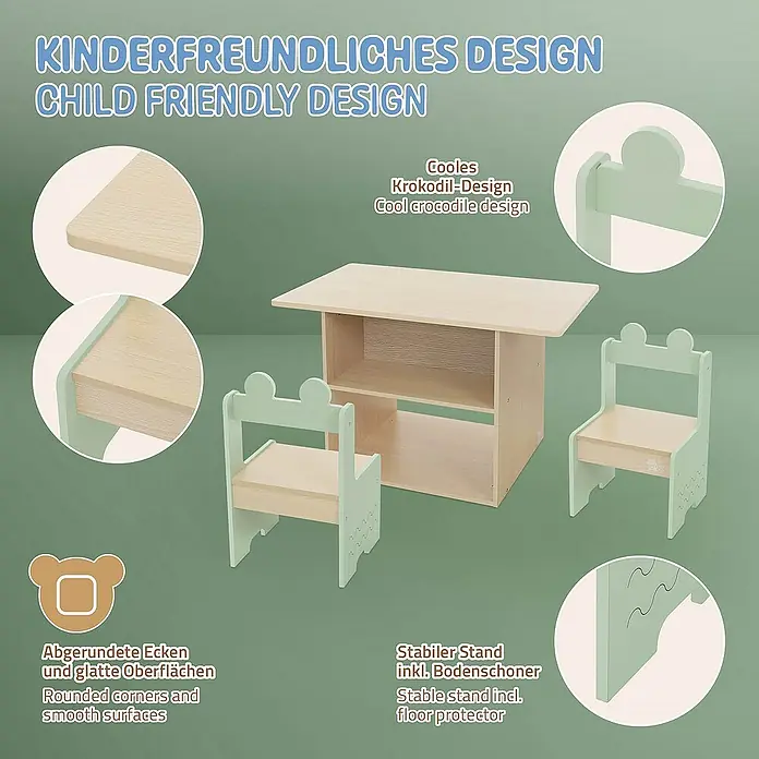 ECD Germany Kindertisch Krokodil Kindersitzgruppe 3tlg. 1x Tisch & 2x Stühle MDF - Verbundwerkstoff, Grün, Beige - Kindertischgruppe mit zwei Stühlen im Krokodil-Design. Das Set hat abgerundete Ecken und einen stabilen Stand mit Bodenschoner.