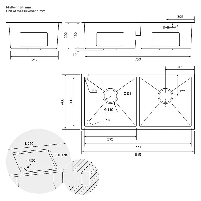 ML-Design Einbauspüle - 81,5 x 40 cm, Stahl - Technische Zeichnung einer Doppelspüle mit Maßangaben in Millimetern für Installationsdetails und Abmessungen.