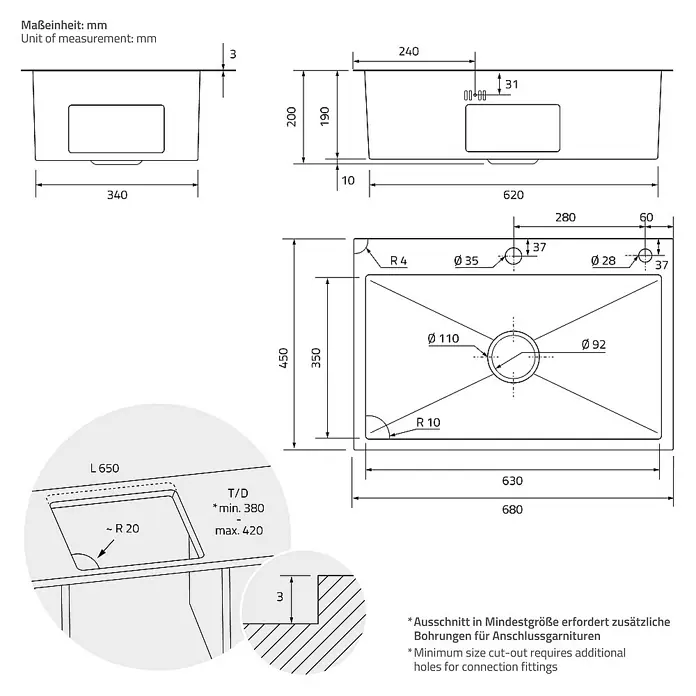 ML-Design Einbauspüle - 68 x 45 cm, Stahl - Technische Zeichnung eines Spülbeckens mit Maßen für Installation und Design, inklusive Ansichten und Details.
