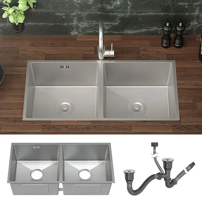 ML-Design Einbauspüle - 81,5 x 40 cm, Stahl - Doppelspülbecken aus Edelstahl mit Wasserhahn und Ablaufgarnitur, ideal für moderne Küchen. Praktische Spüle für mehr Komfort beim Abwasch.