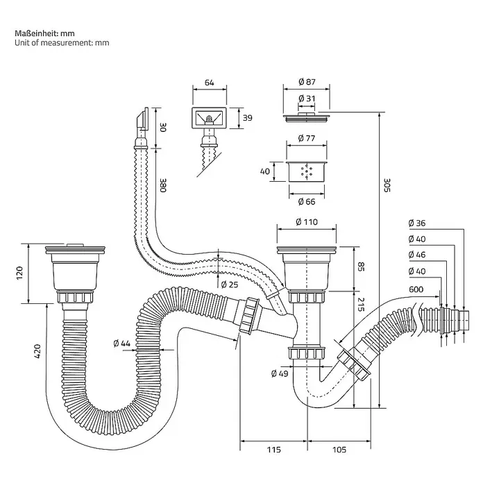 ML-Design Einbauspüle - 81,5 x 40 cm, Stahl - Eine detaillierte technische Zeichnung eines Spülenablaufsystems mit allen Maßen in Millimetern.