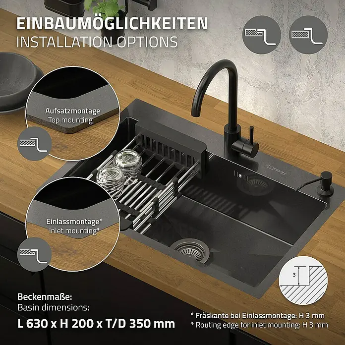 ML-Design Einbauspüle - 68 x 45 cm, Stahl - Bild einer schwarzen Küchenspüle mit Abtropfgestell und Armatur auf einer hölzernen Arbeitsplatte, die verschiedene Installationsmöglichkeiten zeigt.