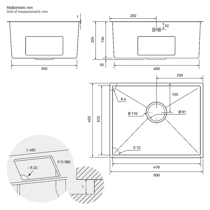 ML-Design Einbauspüle - 50 x 40 cm, Stahl - Detailzeichnung eines Spülbeckens mit Maßen und technischen Angaben zur Installation.
