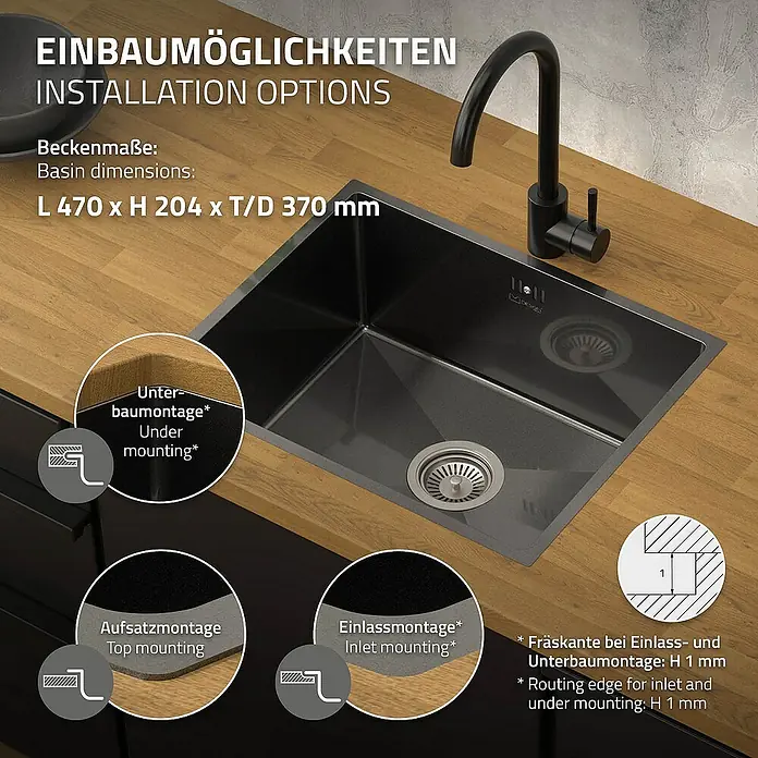 ML-Design Einbauspüle - 50 x 40 cm, Stahl - Montageoptionen für eine schwarze Küchenspüle mit den Maßen 470 x 204 x 370 mm und verschiedenen Installationsarten.