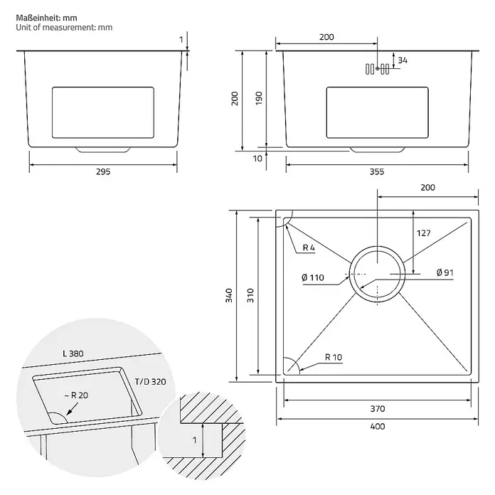 ML-Design Einbauspüle - 40 x 34 cm, Stahl - Technische Zeichnung eines Spülbeckens mit Maßangaben in Millimetern, einschließlich Seitenansichten und Draufsicht mit Details zu Abmessungen.