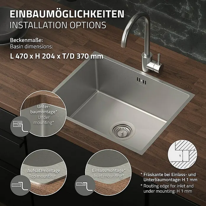 ML-Design Einbauspüle Silber Einzelbecken Waschbecken Küche Spüle Edelstahlspüle - 50 x 40 cm, Stahl - Bild einer Spüle mit Installationsoptionen und Beckenmaßen, geeignet für verschiedene Montagearten.