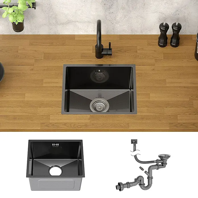 ML-Design Einbauspüle - 40 x 34 cm, Stahl - Einbau-Spülbecken mit moderner Armatur und Zubehör für die Installation. Das Spülbecken ist schwarz und rechteckig mit einem Ablaufsieb.