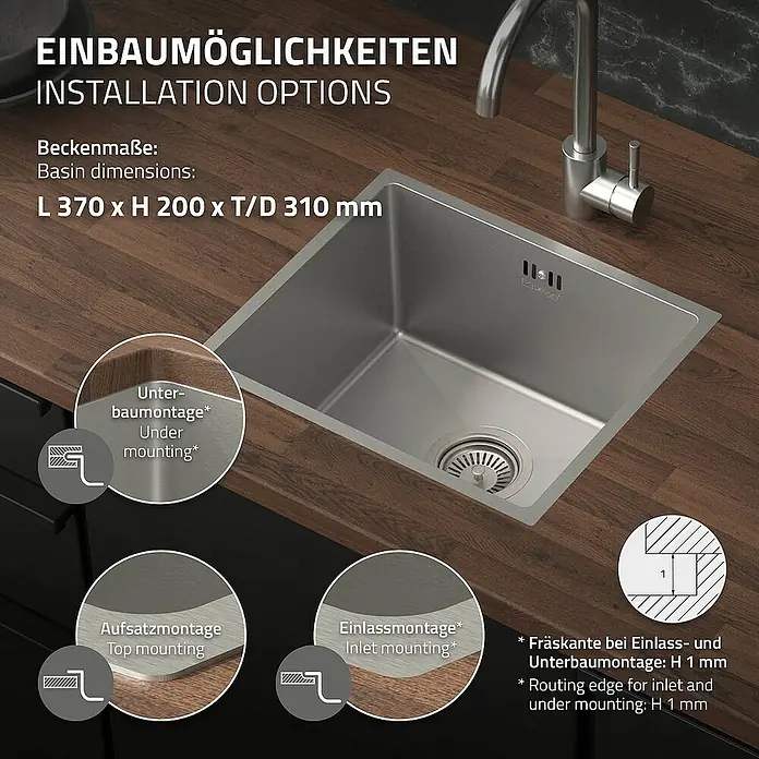ML-Design Einbauspüle Silber Einzelbecken Waschbecken Küche Spüle Edelstahlspüle - 40 x 34 cm, Stahl - Einbau-Spülbecken mit Installationsoptionen. Beckenmaße: L 370 x H 200 x T/D 310 mm. Verschiedene Montagearten werden dargestellt.