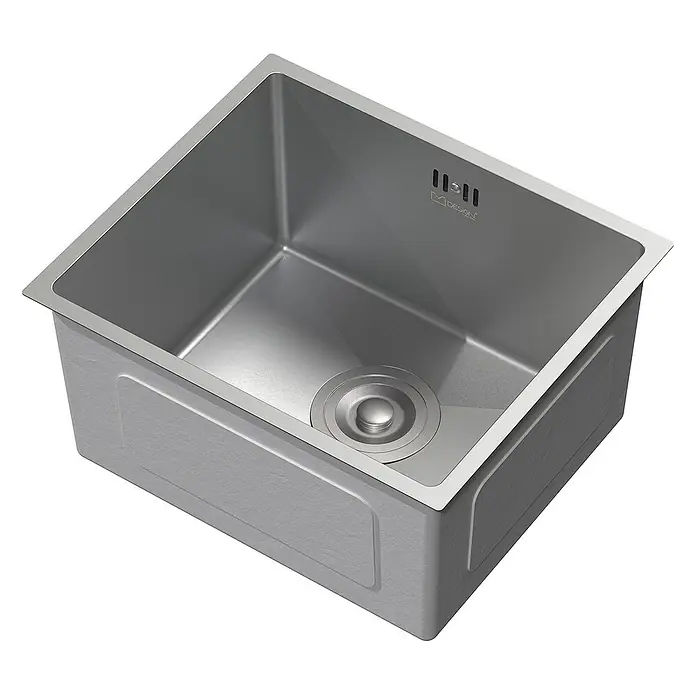 ML-Design Einbauspüle Silber Einzelbecken Waschbecken Küche Spüle Edelstahlspüle - 40 x 34 cm, Stahl - Nahaufnahme einer modernen, quadratischen Edelstahlspüle mit einem Ablassstopfen in der Mitte und dem Herstellerlogo.